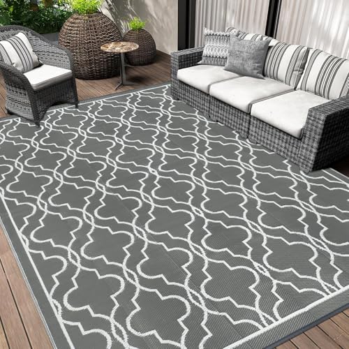 Cekene Outdoor Teppich Wetterfest Grau 245x305cm Patio Teppiche Outdoor Große Reversible RV Camping Matte Leichter Kunststoff Stroh Teppich Tragbarer für Picknick Veranda Deck Hinterhof BBQ von Cekene