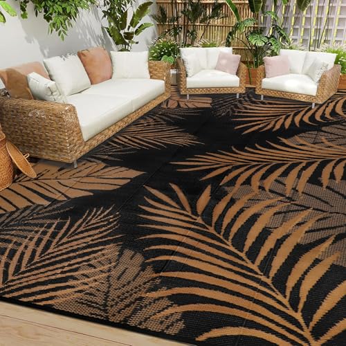 Cekene Outdoor Teppich Wetterfest Schwarz 270x365cm Outdoorteppich Camping Wasserfest UV-Beständig Terrasse Teppich Plastik Leichtgewicht Teppich für Draußen Balkon Garten von Cekene