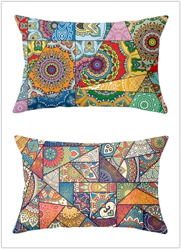 Patchwork Mandala Geometrie Lendenwirbel-Kissenbezüge für den Außenbereich,Rechteckig Taille Kissenbezüge,40x60cm 2er-Set,Heimdekor Leinen Taille Kissenbezüge für Couch,Sofa,Stuhl,Garten Dekoration von Cekog