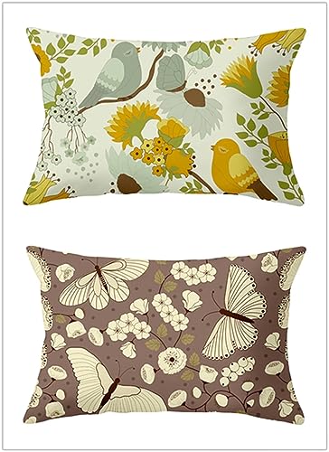 Vintage Vogel Schmetterling Lendenwirbel-Kissenbezüge für den Außenbereich,Rechteckig Taille Kissenbezüge,30x50cm,2er-Set,Heimdekoration,Leinen Taille Kissenbezüge für Couch,Sofa,Stuhl,Garten Dekor von Cekog