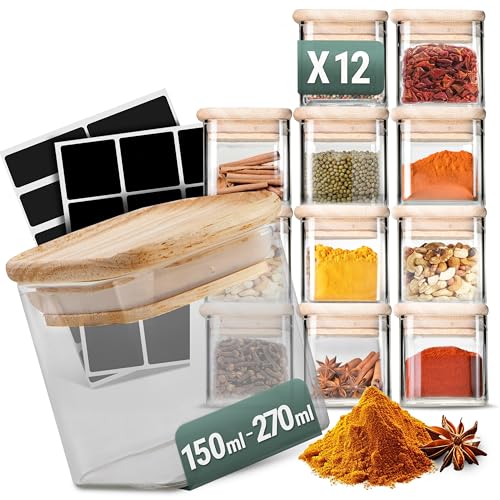 Stapelbare Gewürzgläser Set 210 ml Eckig - 12 Stück - Vorratsdosen aus Glas luftdicht - Bambus Holzdeckel - mit Etiketten & Kreidestift - Gewürzaufbewahrung, Küchenorganisation, Vorratsglas Stapelbare Gewürzgläser Set 210 ml Eckig - 12 Stück - Vorratsdosen aus Glas luftdicht - Bambus Holzdeckel - mit Etiketten & Kreidestift - Gewürzaufbewahrung, Küchenorganisation, Vorratsglas von Celeko Home
