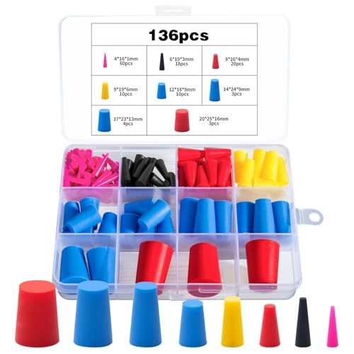 Celepoir 136Stk Pulverbeschichtung Stopfen, 1/16 bis 5/8 Zoll Gummistopfen Konisch, Gummistopfen für Labore, Silikonstopfen zum Abdecken von Löchern bei Auto Reparatur & Pulverbeschichtung Sprozessen von Celepoir