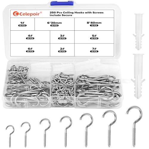 Celepoir 220 Stück Metallhaken zum Schrauben Set, 7 Größen Schrauben & 30 Dübel, Silbrig Deckenhaken mit Gewinde, Hakenschrauben mit Dübel, Hakenschrauben für Hängende Pflanzen Teetassen Schlüssel Celepoir 220 Stück Metallhaken zum Schrauben Set, 7 Größen Schrauben & 30 Dübel, Silbrig Deckenhaken mit Gewinde, Hakenschrauben mit Dübel, Hakenschrauben für Hängende Pflanzen Teetassen Schlüssel von Celepoir