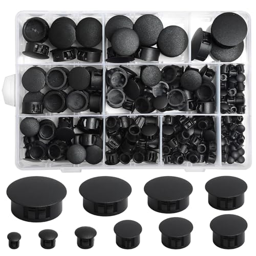 Celepoir 262 Stück Abdeckkappen für Bohrlöcher, 5/6/8/10/13/15/18/20/22/25mm Abdeckstopfen Kunststoff, Schwarze Kunststoff Lochstopfen, Möbel Blindstopfen Abdeckstopfen für Schränke Maschinen Möbel von Celepoir