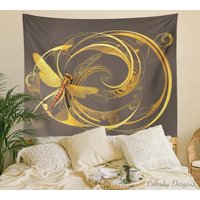 Gold Libelle Gobelin Libellen Art Blau Grau Goldene Wandteppiche Twisty von CeleskyDesigns