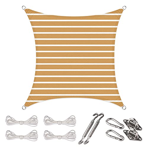 CelinaSun Sonnensegel Set Befestigung V2A Basic HDPE Quadrat 2 x 2 m Streifen sandbeige weiß Sonnenschutz atmungsaktiv von CelinaSun