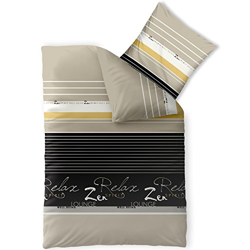 CelinaTex Fashion Bettwäsche 155x220 cm 2teilig Baumwolle Lian Streifen Wörter Beige Schwarz Weiß von CelinaTex