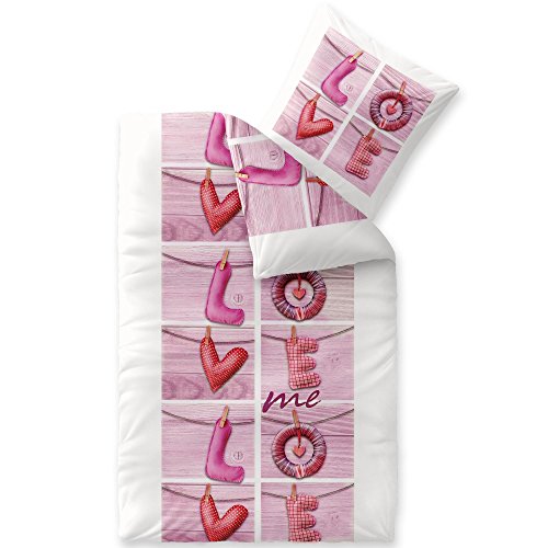 CelinaTex Touchme Biber Bettwäsche 155 x 220 cm 2teilig Baumwolle Bettbezug Loana Love Herz Wörter weiß pink rosa von CelinaTex