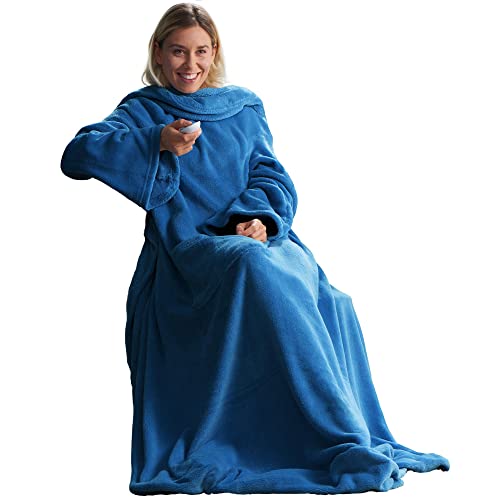 CelinaTex TV-Decke mit Ärmeln und Fußtasche Flauschige Kuscheldecke 150 x 180 cm blau Mikrofaser Fleece Soft Oeko-TEX von CelinaTex