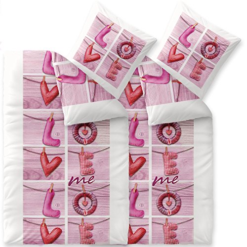 CelinaTex Touchme Biber Bettwäsche 155 x 220 cm 4teilig Baumwolle Bettbezug Loana Love Herz Wörter weiß pink rosa von CelinaTex