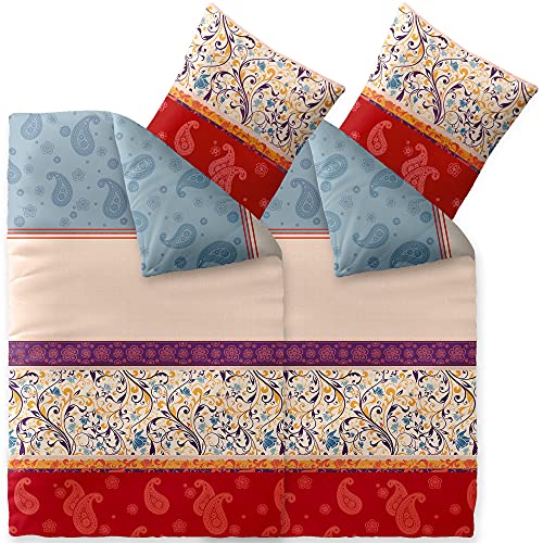 CelinaTex Touchme Biber Bettwäsche 155 x 220 cm 4teilig Baumwolle Bettbezug Megan Ornamente beige blau rot von CelinaTex