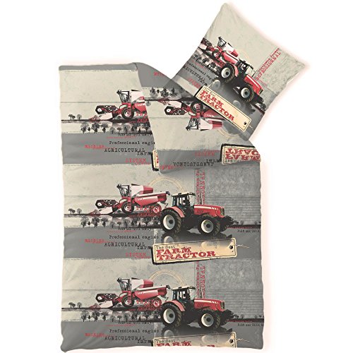 CelinaTex Biber Kids Bettwäsche 135 x 200 cm 2teilig Baumwolle Biber Traktor Jungen Land grau rot beige von CelinaTex