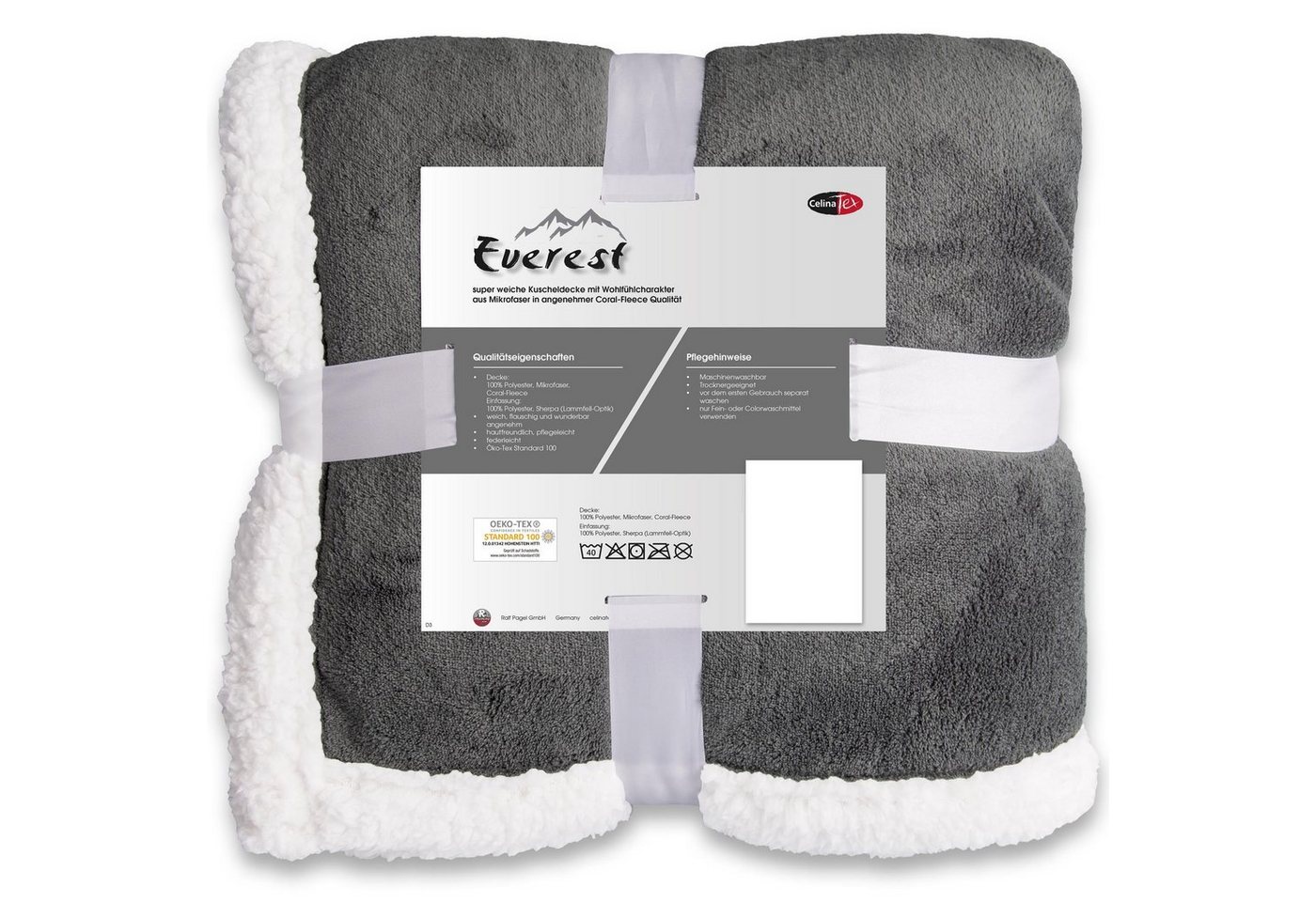 Wohndecke Everest Kuscheldecke Sofadecke Couch Fleece 150x200cm grau, CelinaTex, allergikergeeignet,anschmiegsam,bügelfrei,flauschig,mollig warm,warm von CelinaTex