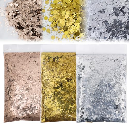 3 Stück Glitzer Basteln150g Silber Glitzer Set Glitzer Gold + Glitzer Silber Grobe Feine Scheiben Mischen Glitzer Gold,für Nägel Gesicht Makeup Kartenbasteln Handwerk Nagelkunst(3 Farben) von Celiodd