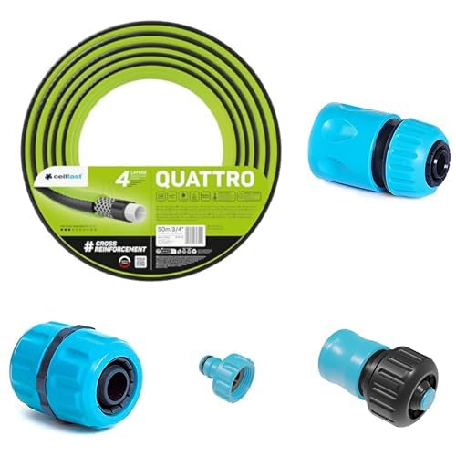 CELLFAST Gartenschlauch Set 4 Lagiger Wasserschlauch Aus Formstabilem Kreuzgewebe Für Garten Bewässerungsschlauch UV Beständig Anti Algen Flexibler Schlauch 20 Bar 3 4 Zoll 50 Meter Quattro von Cellfast