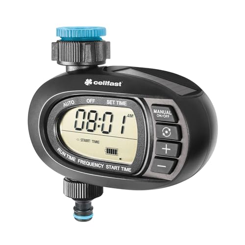 Cellfast Solar-Bewässerungssteuerung Ergo™ übersichtliches Display, Lithium-Batterie, Solarbetrieb, intuitive Bewässerungsprogrammierung, G3/4" und G1, 52-290, schwarz/blau von Cellfast