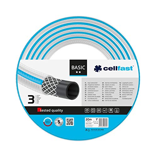 Cellfast Gartenschlauch BASIC 3-lagiger Schlauch mit dauerhafter Verstärkung aus Garn höchster Qualität mit Polyesterkreuzgewebe,druck- und UV-beständig 25 bar Berstdruck, 20m, 1zoll, 10-432 von Cellfast