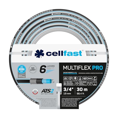 Cellfast Gartenschlauch MULTIFLEX PRO, Strapazierfähig, 6-lagig, Trikotgeflecht ATS2, UV und Algenbeständig, Schwermetallfrei, Velvet Technologie, 35 Bar, -20/+65° 3/4", 30m von Cellfast