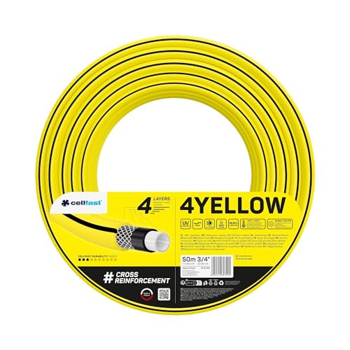 Cellfast YELLOW Gartenschlauch, Leicht, Strapazierfähig, 4-lagig, Haltbare Kreuzgeflecht, UV und Algenfest, Verwindungsfestigkeit, REACH-Technologie, 20 bar, -10/+50° Verschluss: 3/4", 50m von Cellfast