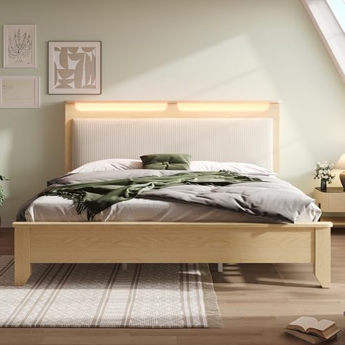 CelticHearth Doppelbett Holzbett – Kopfteil mit Stauraum & LED-Beleuchtung, beigefarbene Cordpolster-Rückenlehne – 140×200/160×200/180×200 (Beige, 160×200) von CelticHearth