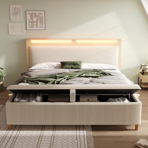 CelticHearth Doppelbett Holzbett – Kopfteil mit Stauraum & LED-Beleuchtung, beigefarbene Cordpolster-Rückenlehne – 140×200/160×200/180×200 (Beige (Mit Bettbank), 180×200) von CelticHearth