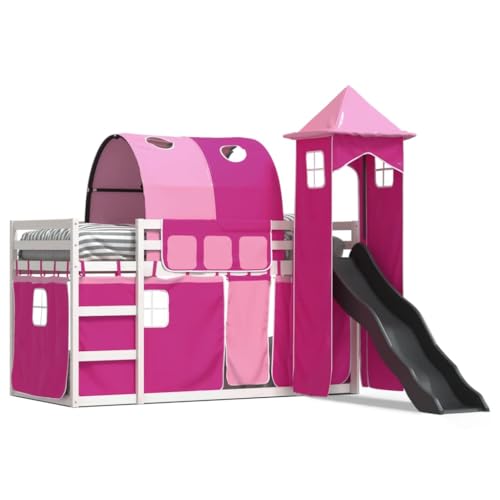 CelticHearth Kinder Etagenbett mit Rutsche Vorhänge Turm & Tunnel – Kiefer Massivholz – Rosa Blau Schwarz – 80x200 cm 90x190 cm 90x200 cm – Spielbett Kinderbett für Jungen und Mädchen von CelticHearth