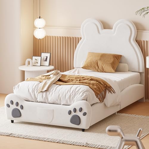 CelticHearth Polsterbett Kinderbett Bärenform Samt Weiß Grau 90x200 140x200 (Weiß, 90x200) von CelticHearth