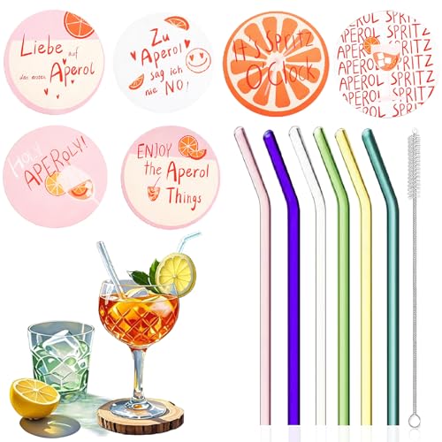 13 Stück Geschenkset Untersetzer Filz, Glasstrohhalme Geschenk Inklusive 6 Stück Glasstrohhalme, 6 Stück Rund Untersetzer mit Reinigungsbürsten für Tea, Slush, Cocktail, Säfte (Style 1, one Size) von Celvibe