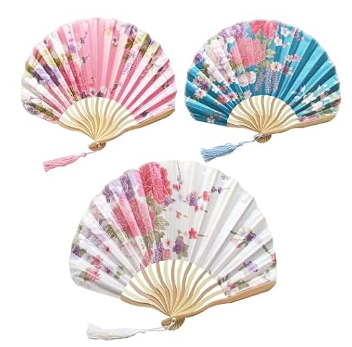3 Stück Handfächer Faltfächer aus Holz Taschenfächer, Sommer Hochzeit Stofffächer mit Quaste Zeremoniefächer für Tanz Party Hochzeit Geschenke DIY Dekoration Fächer von Celvibe