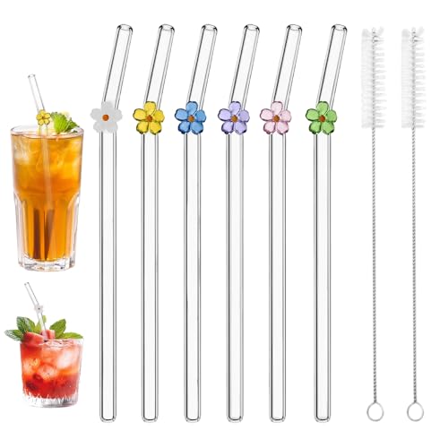 6 Stück Glasstrohhalme Glas Wiederverwendbar Trinkhalme, Strohhalme Glas Gebogen mit 2 Reinigungsbürsten für Smoothies, Milchshakes, Säfte, Tee (Style 2) von Celvibe