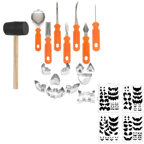 Celvibe Halloween Kürbis Schnitzset, 18 Stück Schnitzwerkzeug Kürbis Set mit Schnitzwerkzeuge Gummihammer Vorlagen für Schnitz-Werkzeug DIY Kürbis Halloween Dekoration von Celvibe
