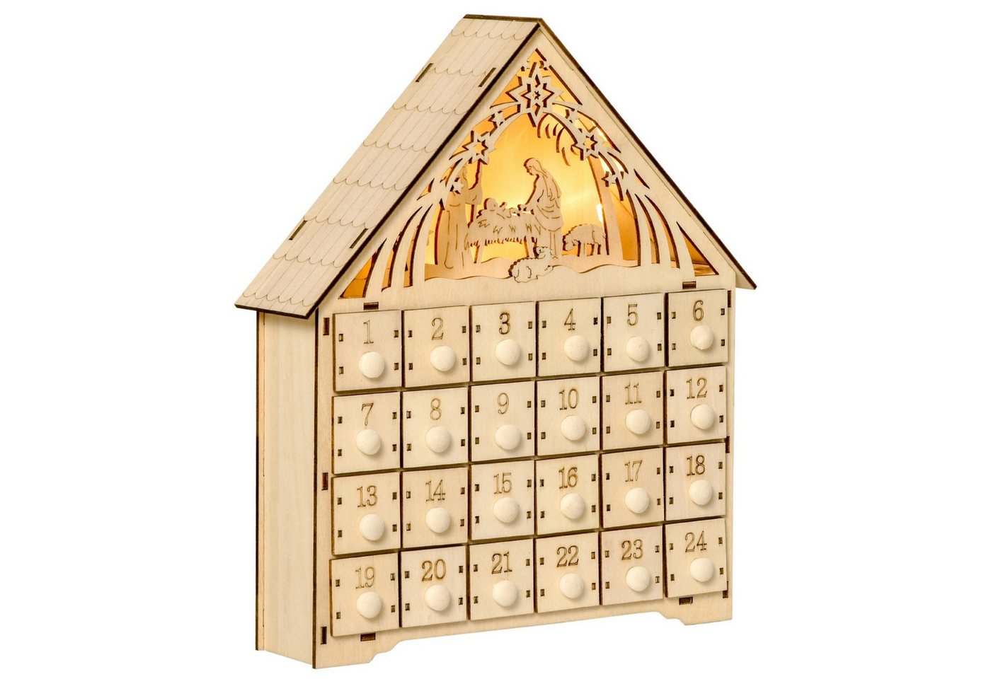 Celya Adventskalender Adventskalender zum Befüllen 24 Schubladen Fächer Weihnachtskalender (DIY MDF-Platte Naturholz 26,6 x 6 x 30 cm), mit LED-Lichtern Adventskalenderbox Weihnachtsdekoration von Celya