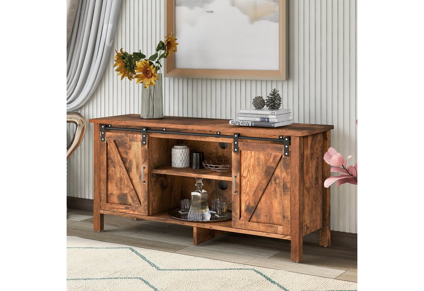 Celya Sideboard Vintage TV-Ständer,Küchenschrank, Aufbewahrungsschrank, mit 2 Schiebetüren, verstellbare Ablage, vintage Braun von Celya