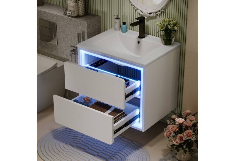 Celya Badkommode 60x46x50cm Wandhängend Badezimmerschränke (leise Gleitschienen, Waschtisch,integriertes Waschbecken, weiß), komplett lackiert, LED-Radarsensor-Beleuchtung, zwei Schubladen von Celya
