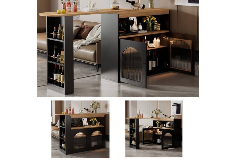 Celya Bartisch Moderner ausziehbarer Bartisch,Ausziehbarer Esstisch mit Stauraum (Mit 1m langem LED Lichtstreifen(Einstellbare Lichtfarbe),Schwarz), Stehtisch Bistrotisch, drehbar, für Esszimmer von Celya