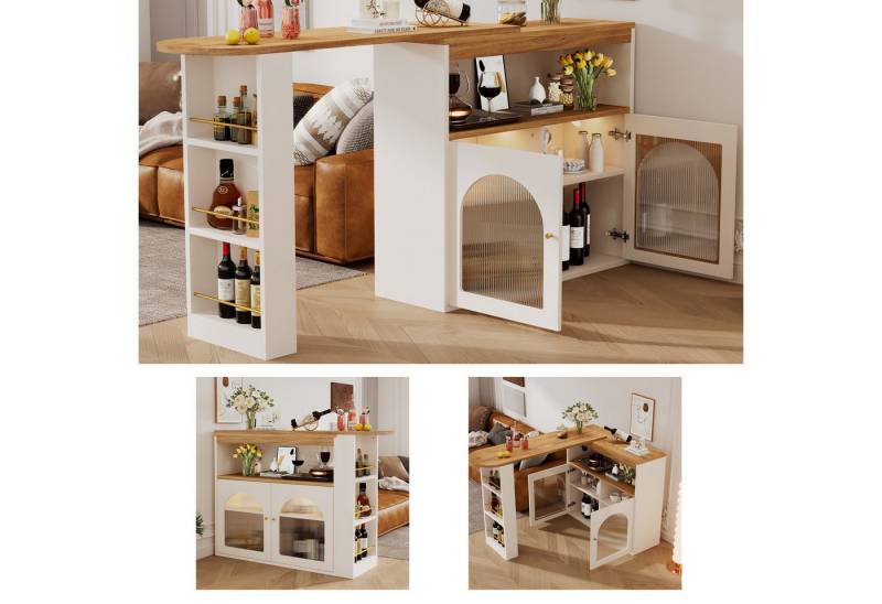 Celya Bartisch Moderner ausziehbarer Bartisch,Ausziehbarer Esstisch mit Stauraum (Mit 1m langem LED Lichtstreifen(Einstellbare Lichtfarbe),Weiß), Stehtisch Bistrotisch, drehbar, für Esszimmer von Celya