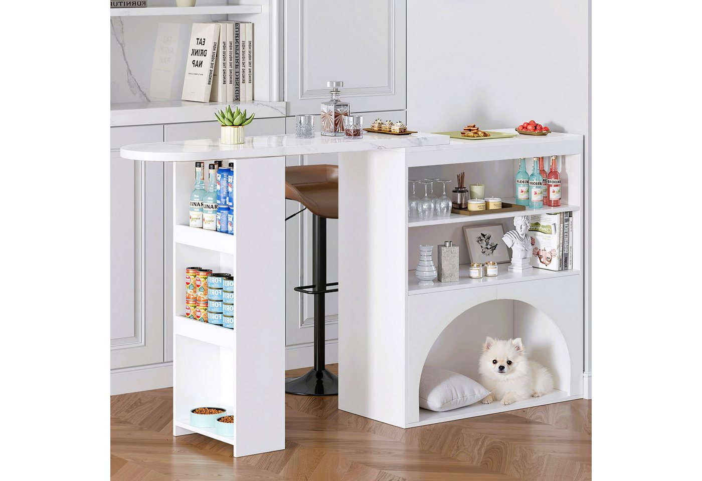 Celya Bartisch Moderner ausziehbarer Thekentisch & Esstisch (Marmoroptik-Tischplatte, 120(80)×40×100 cm, ohne Haustierfutterteller & Haustierkissen, Weiß), drehbarer hoher Klein-Thekentisch, mit Haustierbereich von Celya