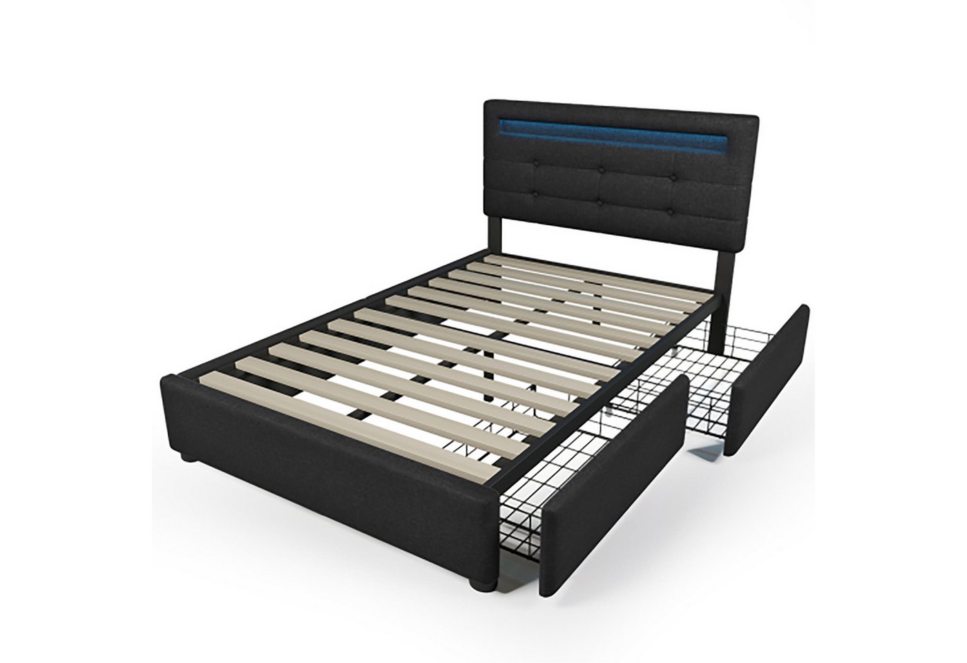 Celya Bettgestell Einzelbett Polsterbett 90x200cm, mit LED-Beleuchtung und 2 Schubladen, Lattenrost aus Holz Celya Bettgestell Einzelbett Polsterbett 90x200cm, mit LED-Beleuchtung und 2 Schubladen, Lattenrost aus Holz von Celya