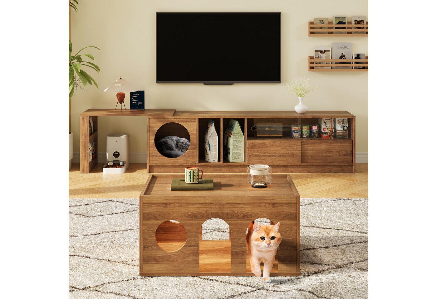 Celya Couchtisch Haustierfreundlicher Nussbaum-Couchtisch mit Katzenlöchern (Haustier-Möbel, TV-Schrank mit Katzenkorb, Nussbaum-Möbel-Set, 2-teiliges TV-Schrank-Set, multifunktionaler drehbarer TV-Schrank), TV-Schrank + Couchtisch, Wohnzimmer-Kombinationsmöbel-Set von Celya