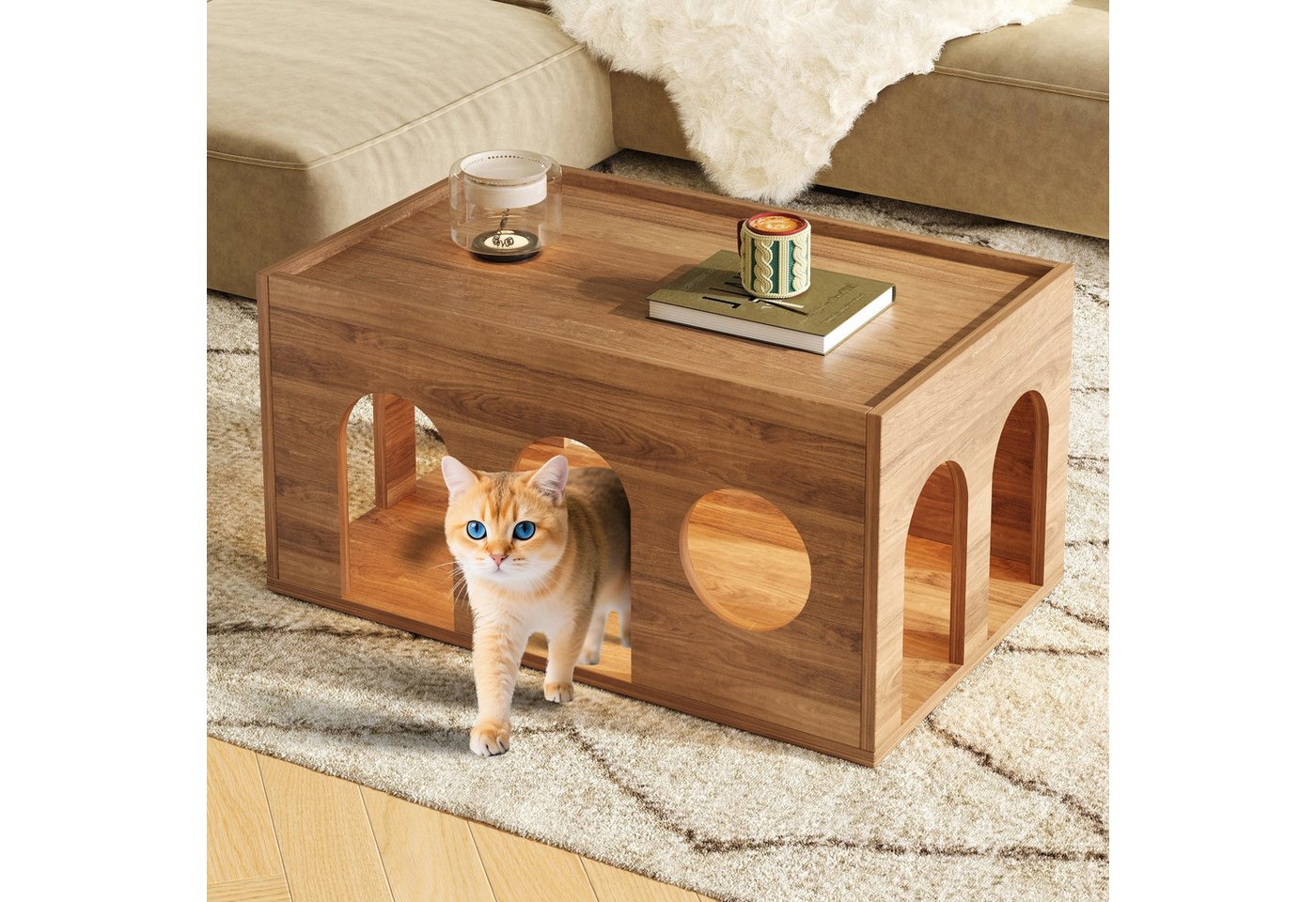 Celya Couchtisch Haustierfreundlicher Nussbaum-Couchtisch mit Katzenlöchern (perfekt für modernes Wohnzimmer und Menschen-Tier-Interaktion), 80*50*40 cm, natürliches Nussbaum-Finish von Celya