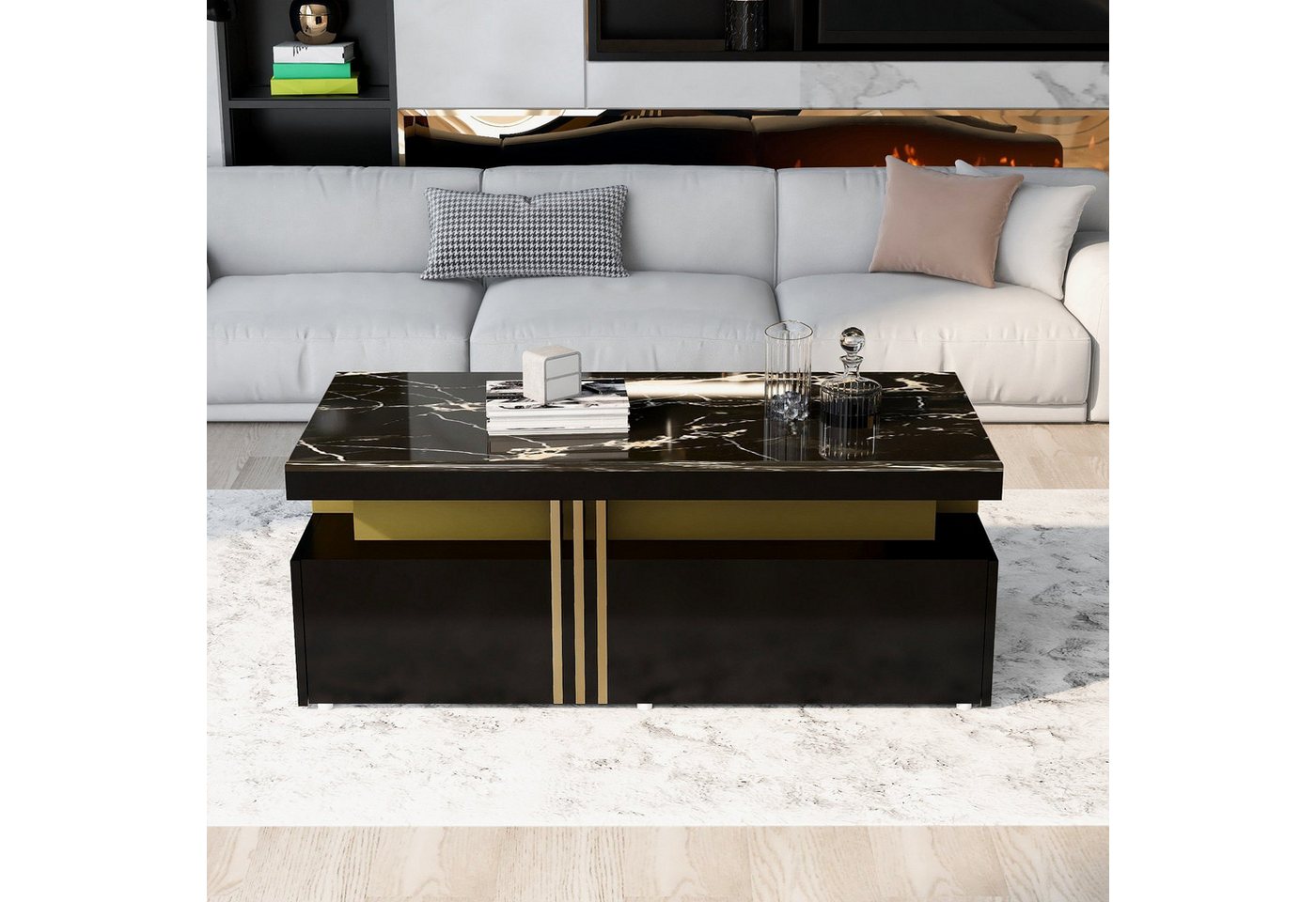 Celya Couchtisch Moderne rechteckige Couchtisch, Holzschubladen, Wohnzimmer Tisch, mit 2 Holzschubladen, marmorierte Tischplatte Celya Couchtisch Moderne rechteckige Couchtisch, Holzschubladen, Wohnzimmer Tisch, mit 2 Holzschubladen, marmorierte Tischplatte von Celya