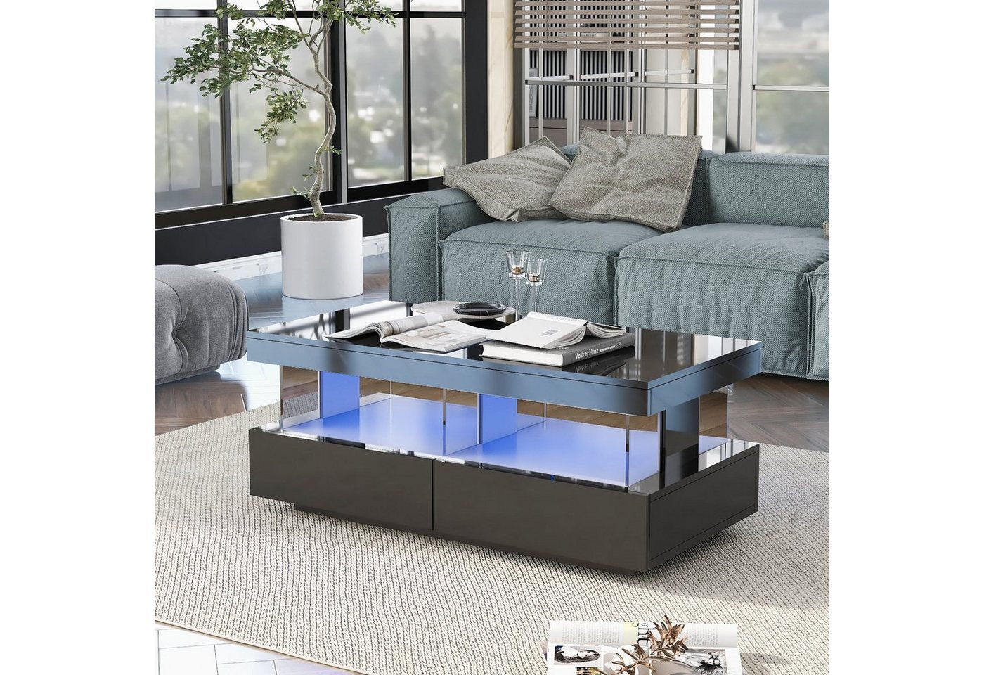 Celya Couchtisch Teetisch energiesparende Beleuchtung Wohnzimmer Tisch, 100×60×49.5cm( LxWxH) ,2 Schubladen von Celya