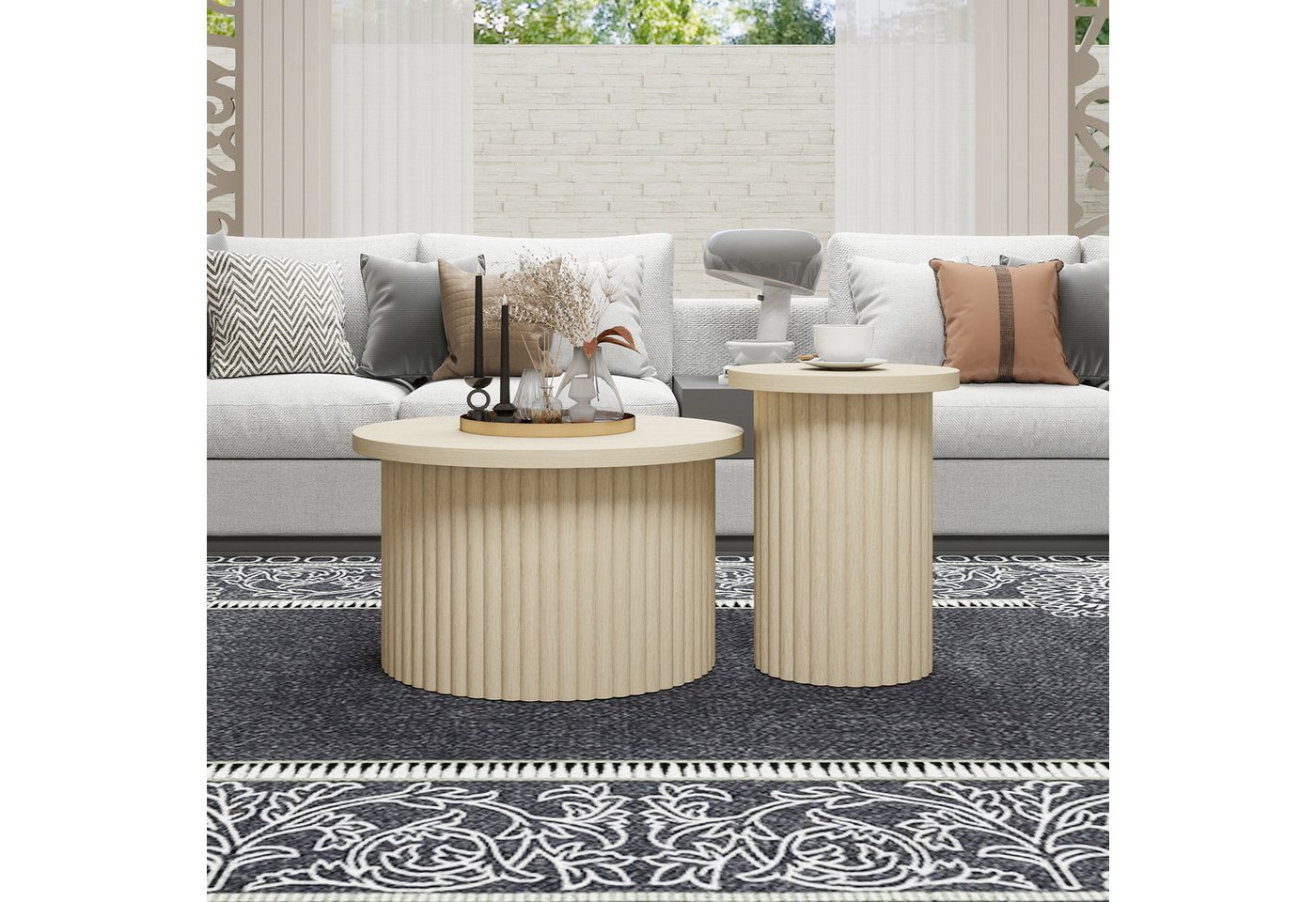 Celya Couchtisch Wohnzimmertisch, Rundes Couchtisch-Set im 2er-Pack (ideal für Wohnzimmer, Schlafzimmer, Arbeitszimmer oder Büro), mit natürlicher Holzoptik und wellenförmiger Struktur von Celya