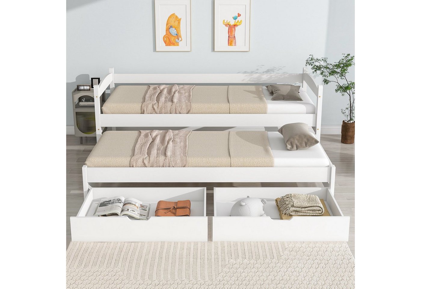 Celya Daybed Einzel- und Doppelbett, Schiebebett mit Rollen unten,200x90cm, mit 2 MDF-Schubladen, Massivholzrahmen, Anpassbare Kombinationen, Einfach zu installieren von Celya