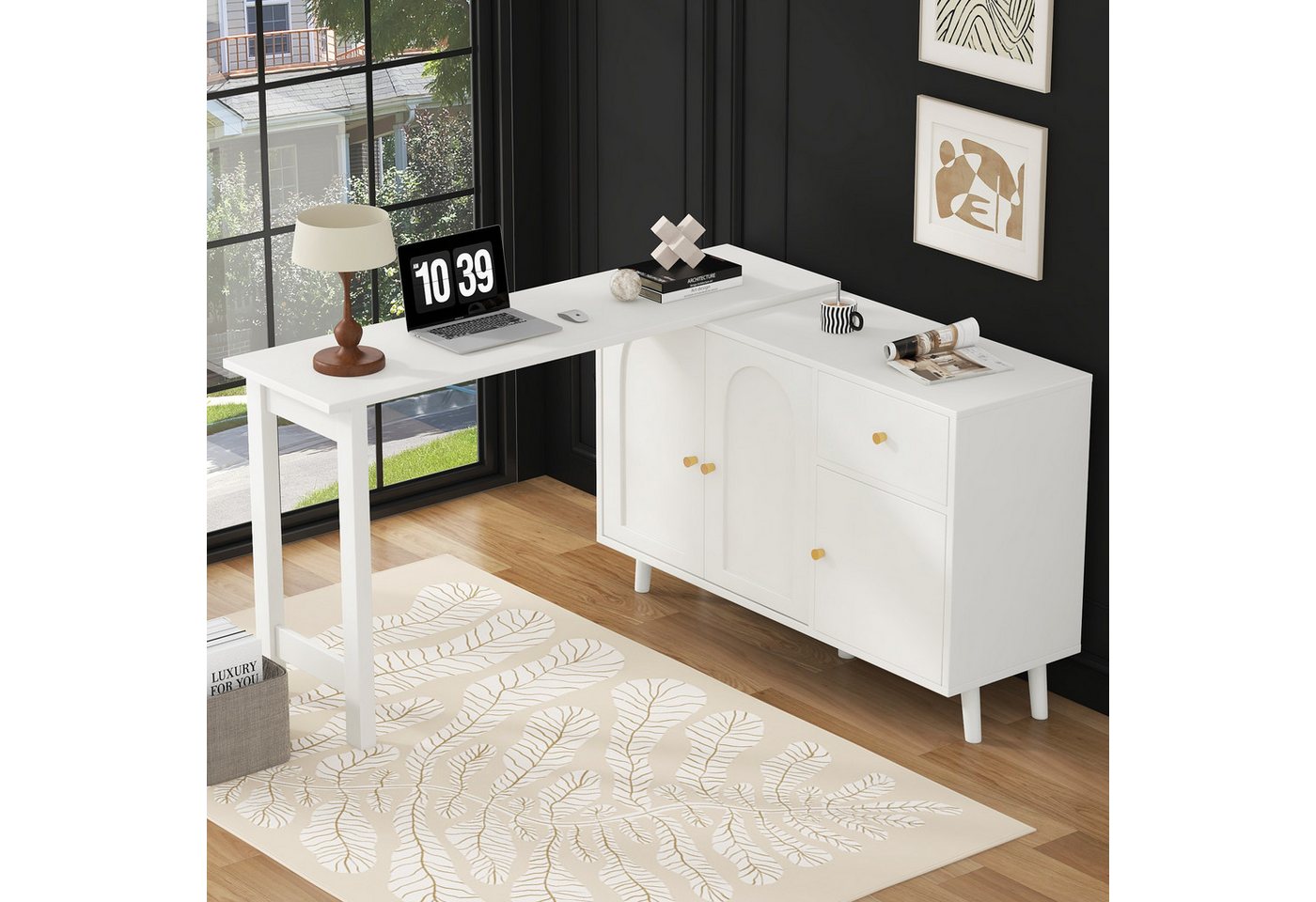Celya Eckschreibtisch Multifunktionaler 2 in 1 Schreibtisch und Sideboard (Eleganter Computertisch, Eckschreibtisch, Frisiertisch), 360° drehbar, 3 Türen 1 Schublade von Celya