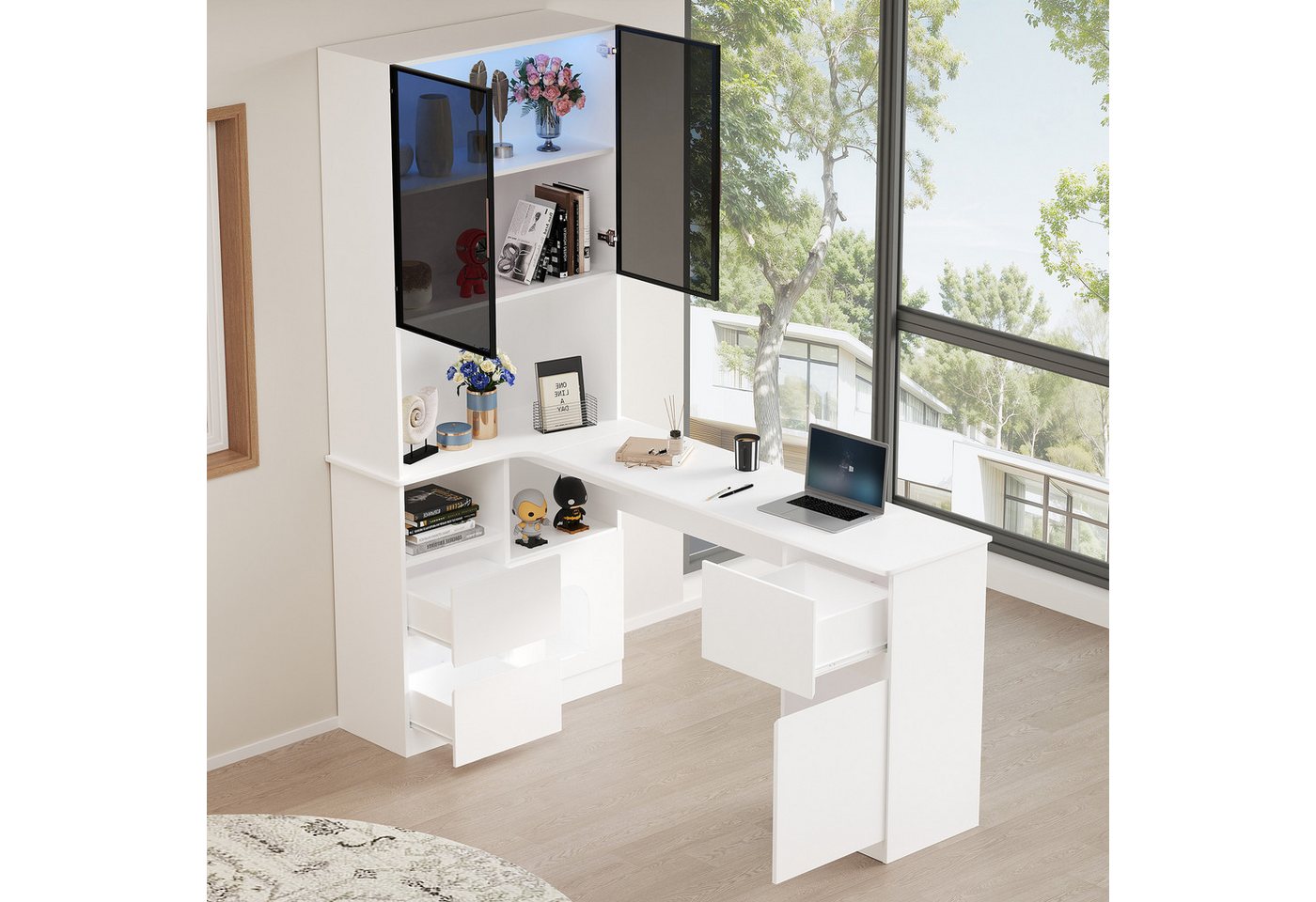 Celya Eckschreibtisch Schreibtisch mit Regal und LED-Vitrinenschrank 120×80×180 cm (Ein Eckschreibtisch mit eingebautem Bücherregal), Schreibtisch mit Kabeldurchlass, 3 Schubladen, 2 Türen von Celya