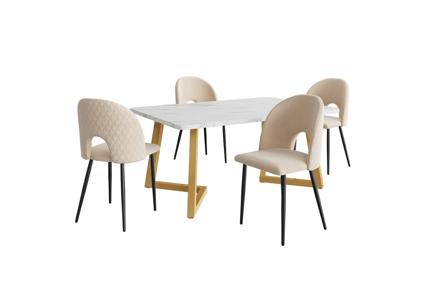 Celya Essgruppe Esstisch mit 4 Stühlen,Verstellbare Stuhlbeine, (Set, 5-tlg., Tisch mit 4 Stuhlen), Samt Esszimmerstuhl Mit Diamantmuster,Goldfarbene Tischbeine von Celya