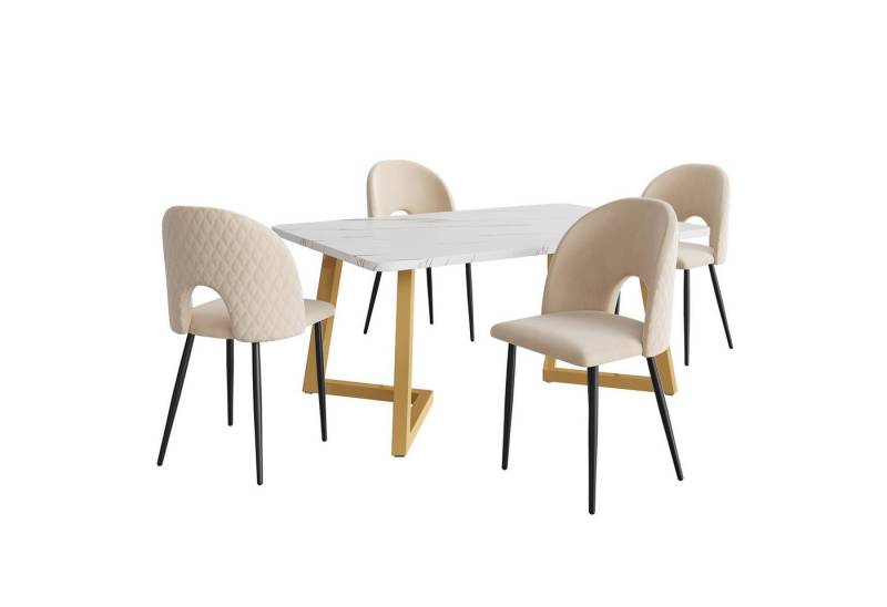 Celya Essgruppe Esstisch mit 4 Stühlen,Verstellbare Stuhlbeine, (Set, 5-tlg., Tisch mit 4 Stuhlen), Samt Esszimmerstuhl Mit Diamantmuster,Goldfarbene Tischbeine von Celya