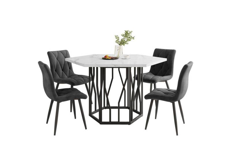 Celya Essgruppe Esstisch-und Stuhlset (5 Set),sechseckiger Marmor-Esstisch + 4 Stühle, aus grau Samt von Celya