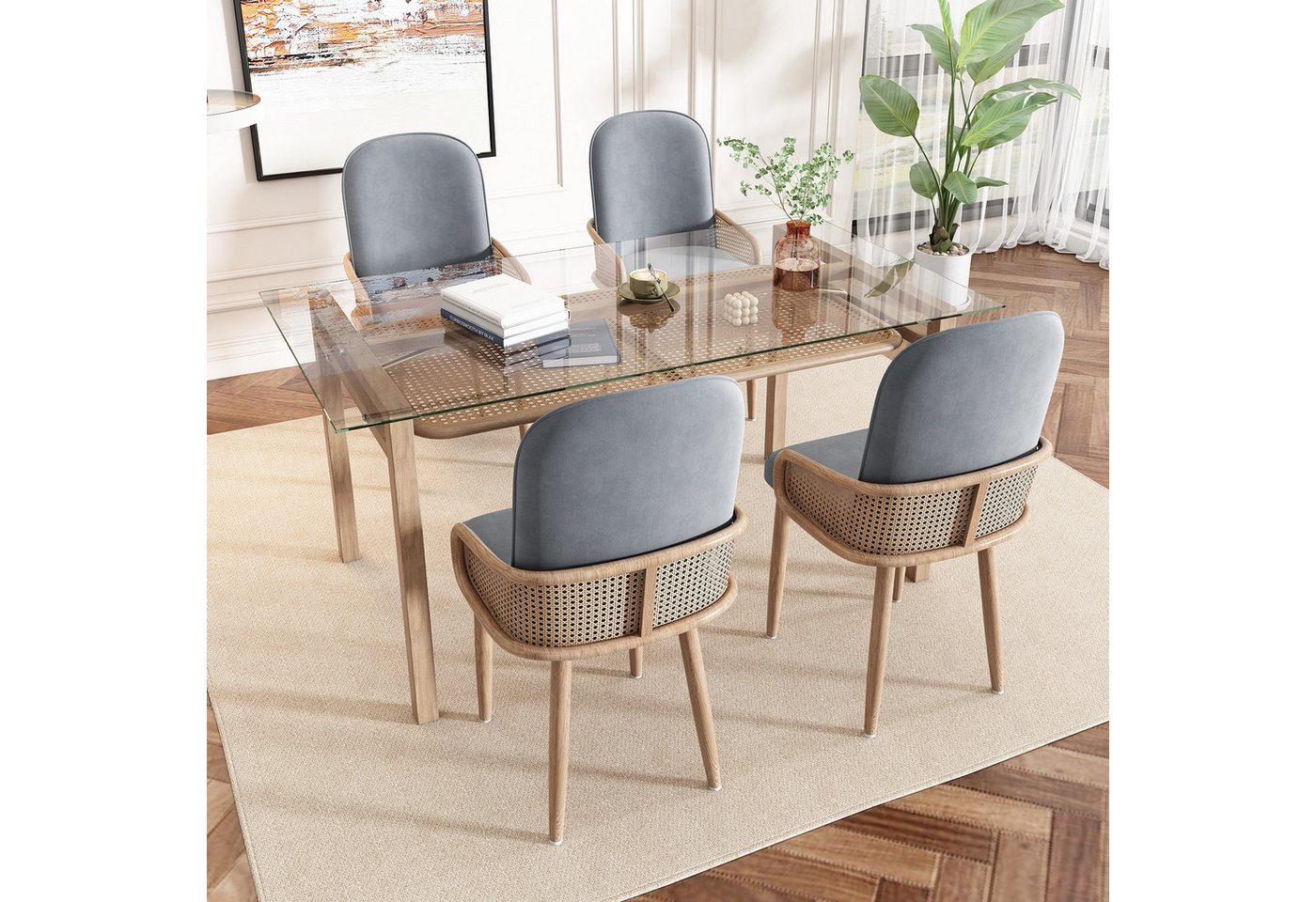 Celya Essgruppe Esszimmertisch und Stuhlset,Esstisch und 4 Stühle (5-tlg), (Set, Tisch mit 4 Stuhlen), Tischplatte aus gehärtetem Glas,Samt-Esszimmerstühle von Celya